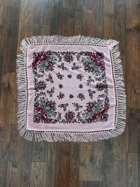 Vintage Kashmir Woole Floral Fringe Scarf - Pink Rose Square Wrap Bohemian Style